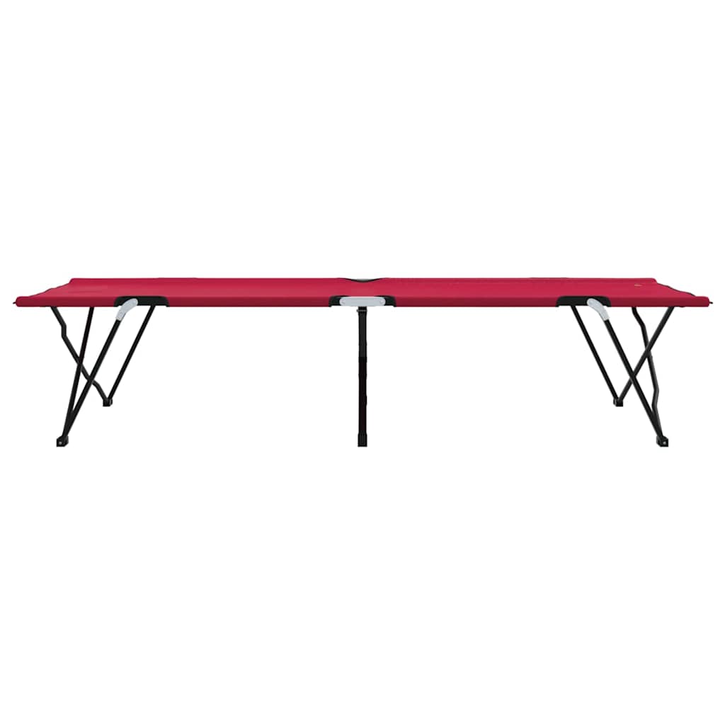 Zijaanzicht van het vidaXL opvouwbare camping bed in rood, met stevige zwarte stalen poten.