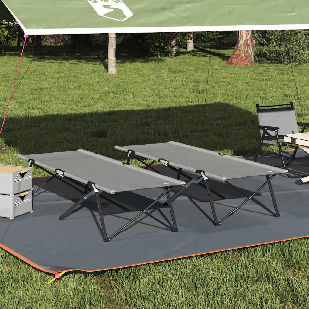 Grijze vidaXL opvouwbare campingbedden met stalen frame, geplaatst op gras onder een tent.