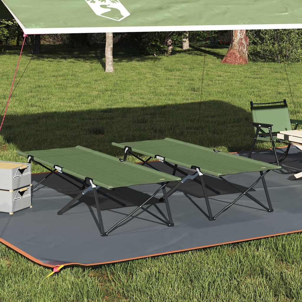 Opvouwbaar vidaXL campingbed in groen, geplaatst onder een tent op gras.