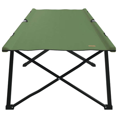 Zijaanzicht van het vidaXL opvouwbare campingbed in groen, met stevige zwart stalen poten.