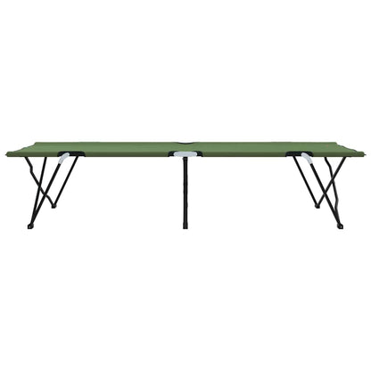 Zijaanzicht van het vidaXL opvouwbare campingbed in groen, met stevige stalen poten.