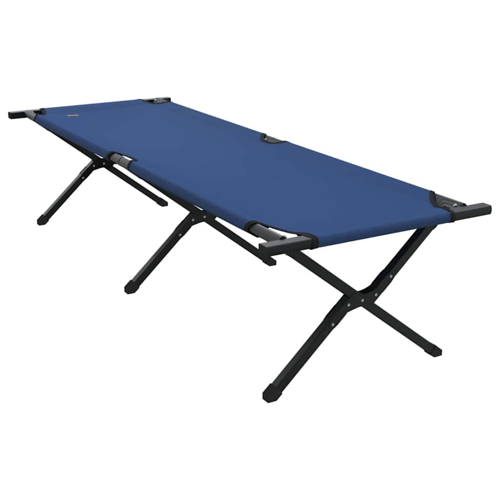 Zijaanzicht van het vidaXL opvouwbare camping bed in blauw met een stabiel stalen frame.