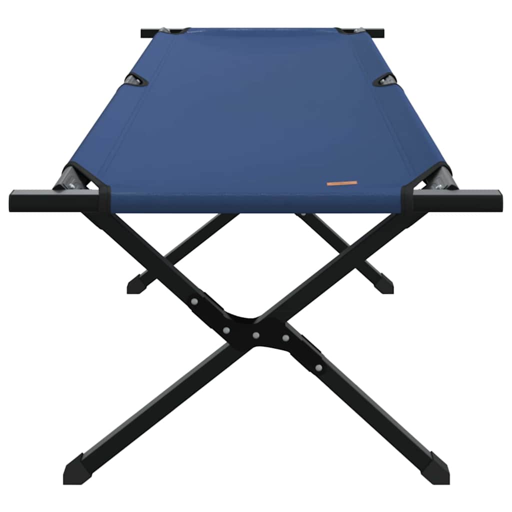 Zijaanzicht van het vidaXL opvouwbare camping bed in blauw, met stabiel stalen frame.
