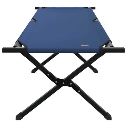 Zijaanzicht van het vidaXL opvouwbare camping bed in blauw, met stabiel stalen frame.