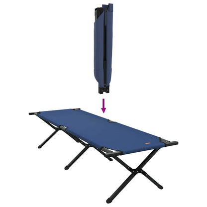 Zijaanzicht van het opvouwbare vidaXL campingbed in blauw, met opgevouwen positie.