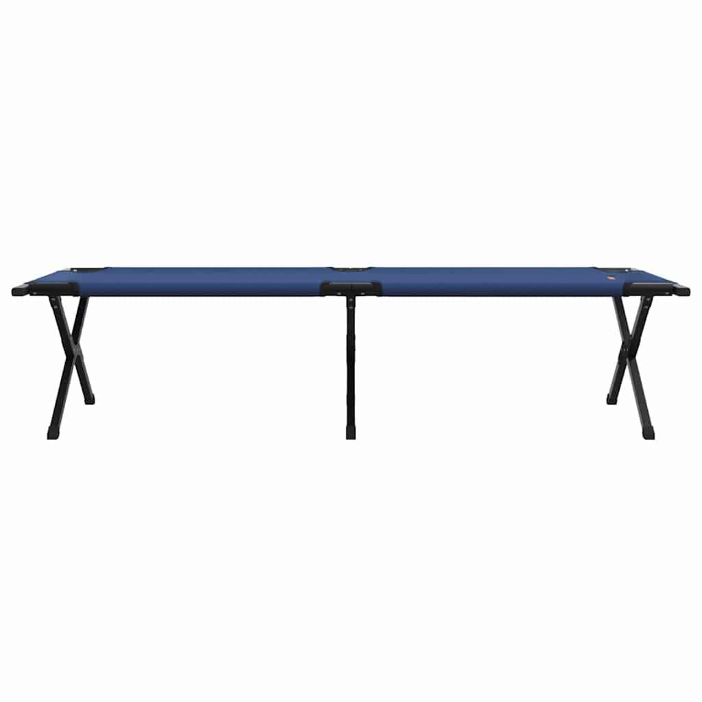 Zijaanzicht van het vidaXL Opvouwbaar Camping Bed in blauw met zwart stalen frame.