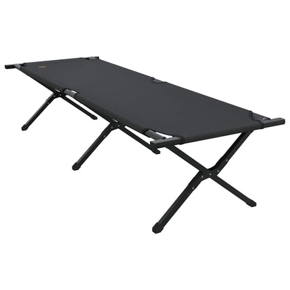 Zijaanzicht van het vidaXL opvouwbare campingbed in zwart, met stevig stalen frame.