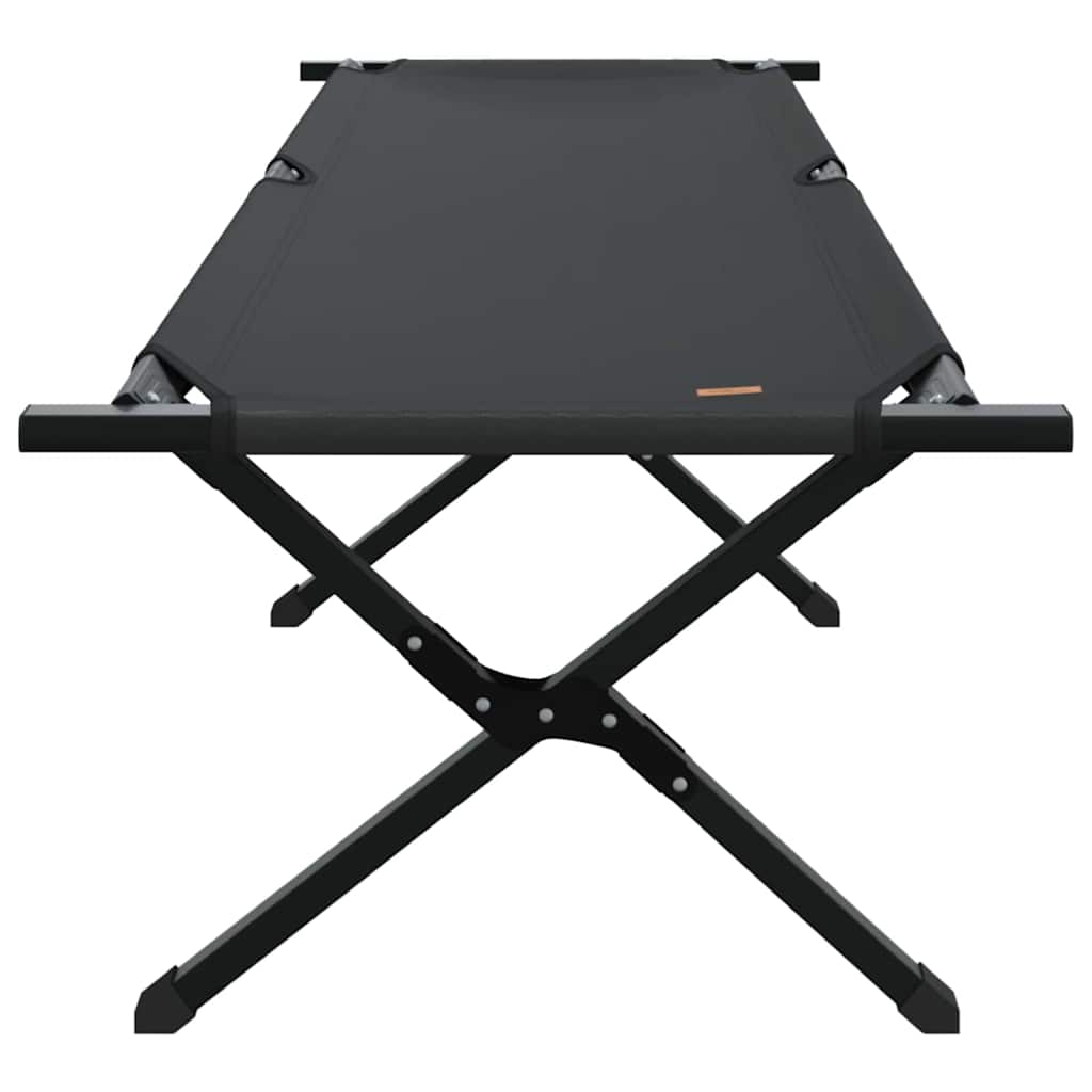 Zwart vidaXL opvouwbaar campingbed, zijaanzicht met stevig stalen frame.