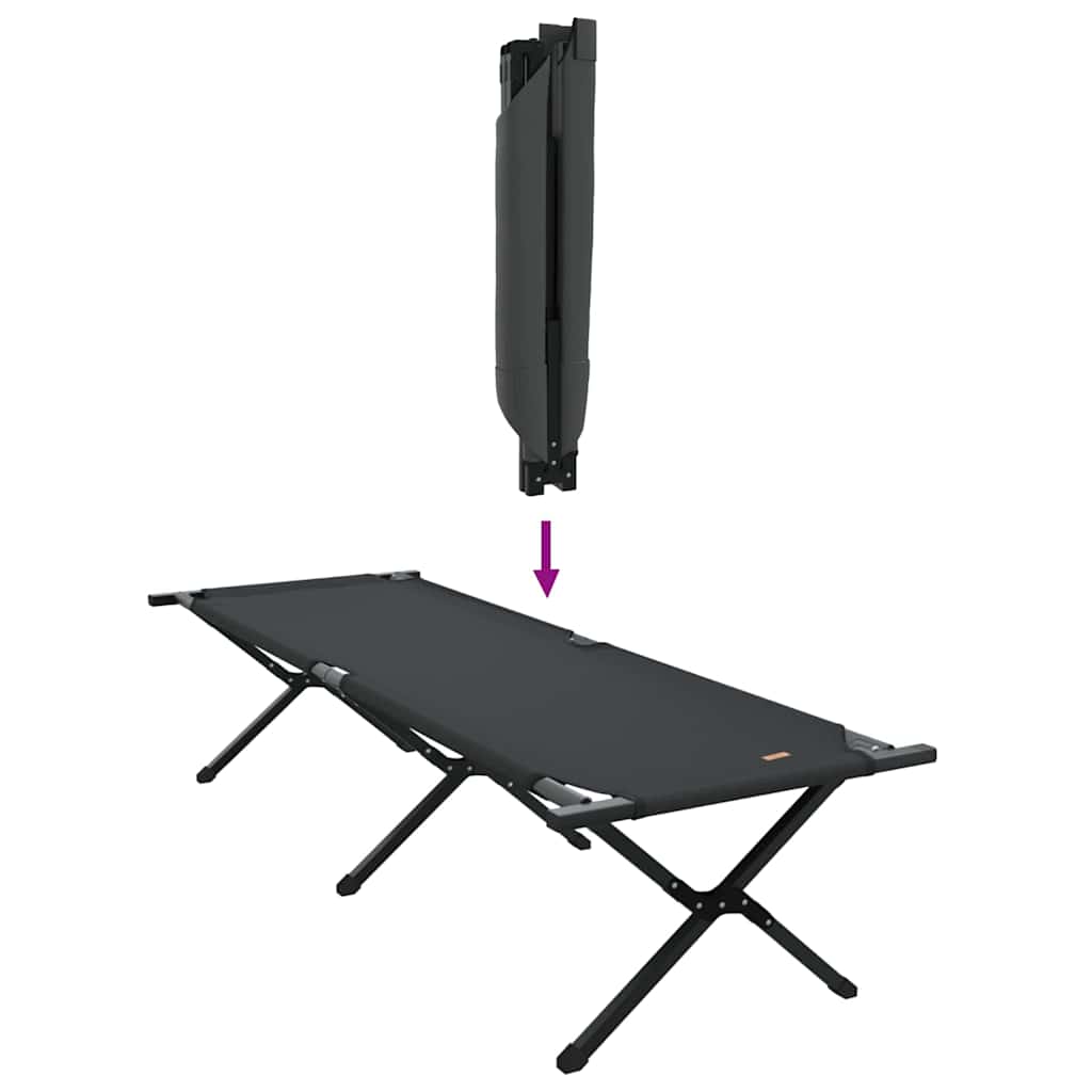 Detail van het opvouwbare vidaXL campingbed in zwart, met focus op de opvouwmechanisme.