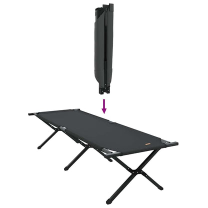 Detail van het opvouwbare vidaXL campingbed in zwart, met focus op de opvouwmechanisme.