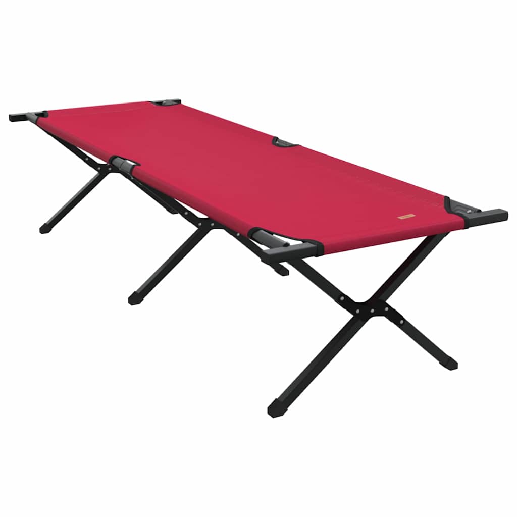Zijaanzicht van het vidaXL opvouwbare camping bed in rood, met stevige zwarte frame.