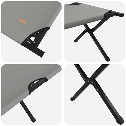 Detail van het opvouwbare vidaXL camping bed met grijze stof en zwart stalen frame.