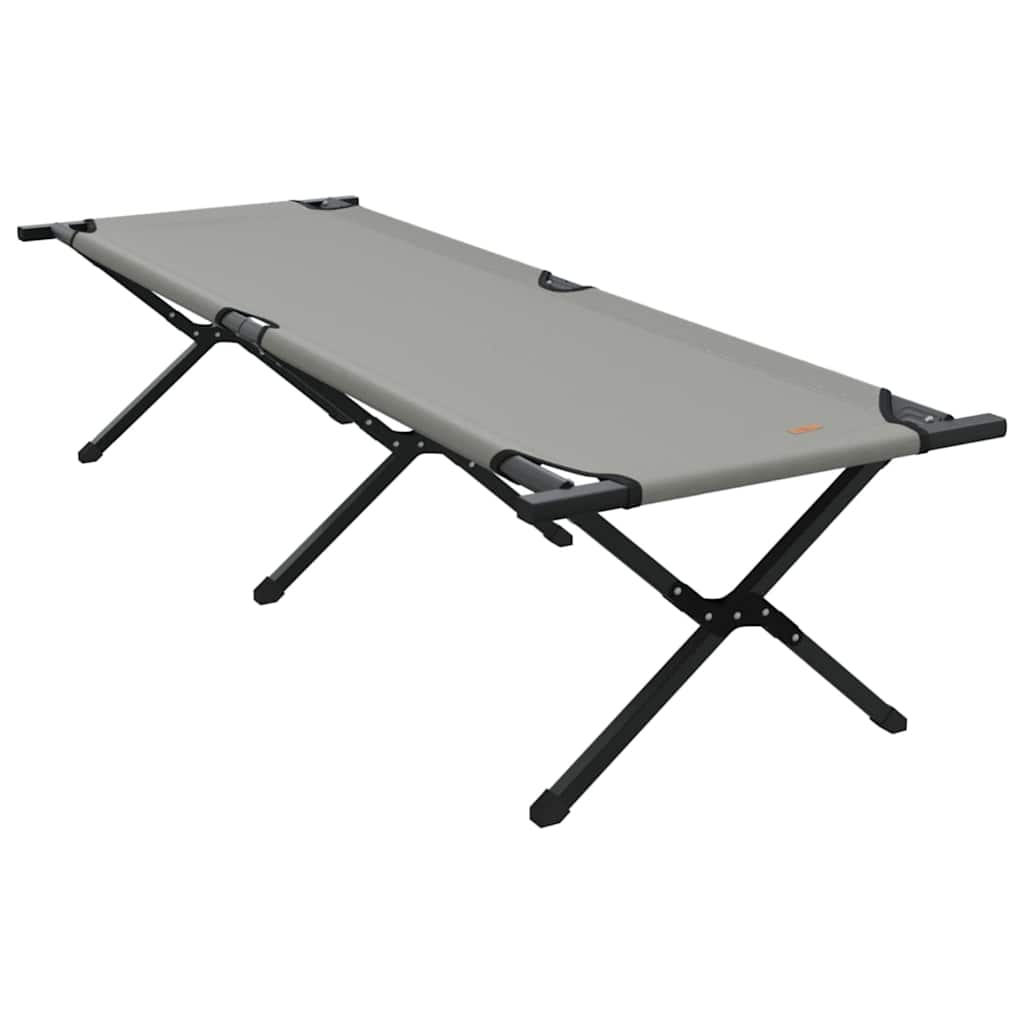 Zijaanzicht van het grijze vidaXL opvouwbare camping bed met stevig stalen frame.