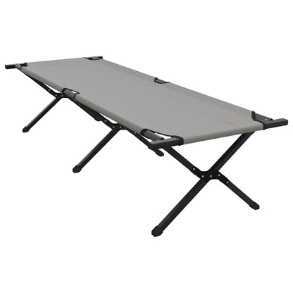 Zijaanzicht van het grijze vidaXL opvouwbare camping bed met stevig stalen frame.