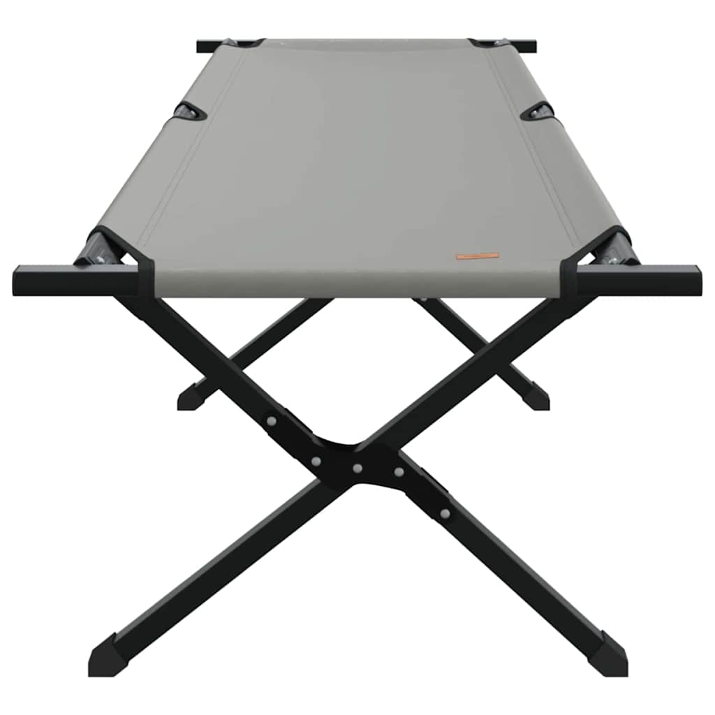 Zijaanzicht van het vidaXL opvouwbare camping bed in grijs met stevig stalen frame.
