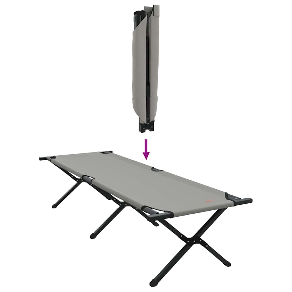 Detail van het opvouwbare vidaXL camping bed in grijs, met opgevouwen en uitgeklapt ontwerp.