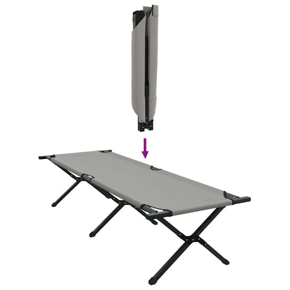 Detail van het opvouwbare vidaXL camping bed in grijs, met opgevouwen en uitgeklapt ontwerp.