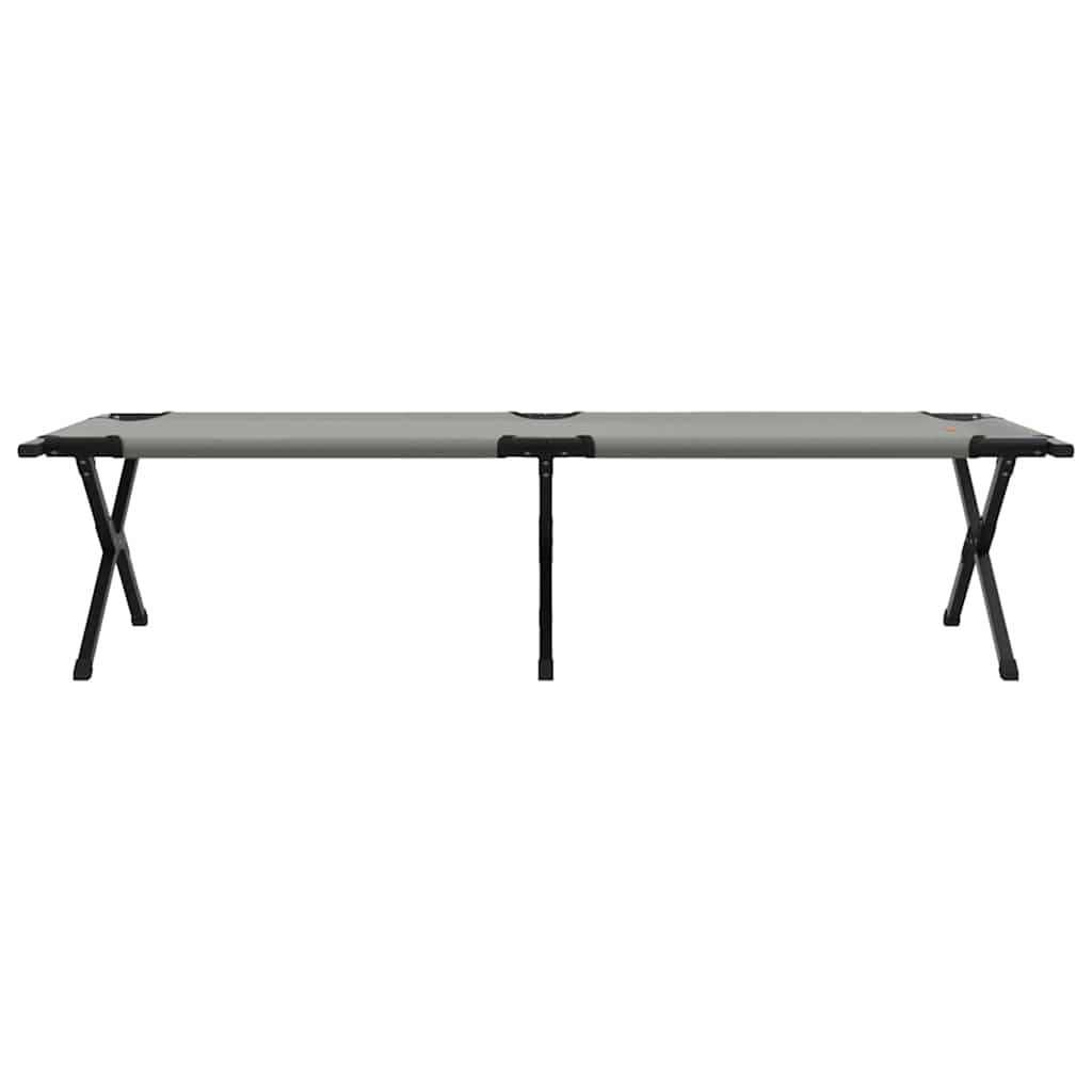 Zijaanzicht van het grijze vidaXL opvouwbare camping bed met stevig stalen frame.