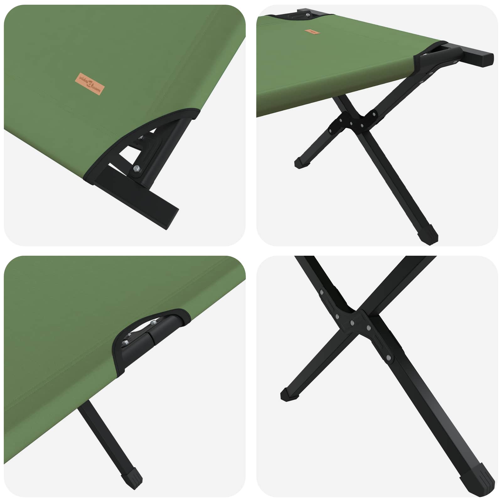 Detail van het opvouwbare campingbed van vidaXL met groene Oxford stof en stevig stalen frame.