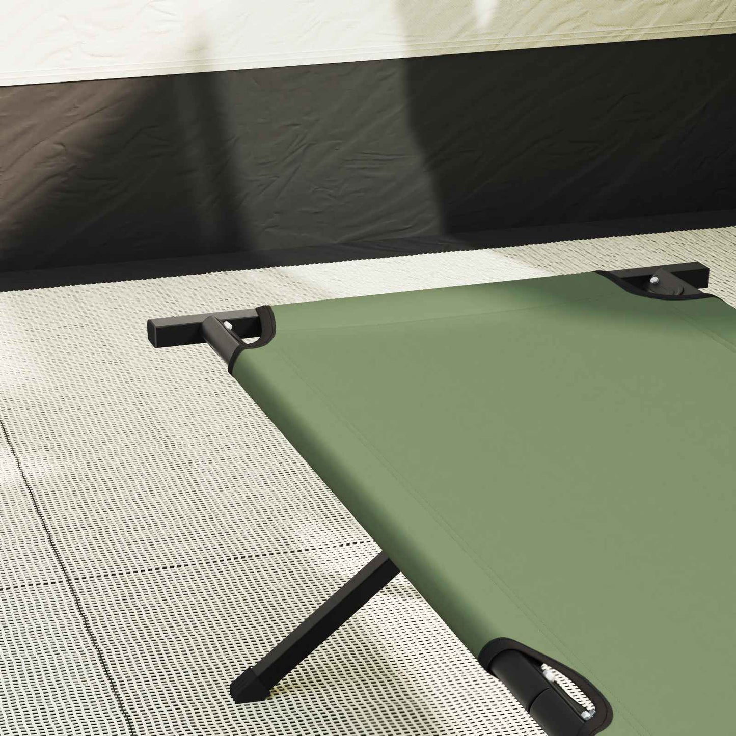 Detail van het groene vidaXL opvouwbare campingbed met stevig frame en Oxford stof.