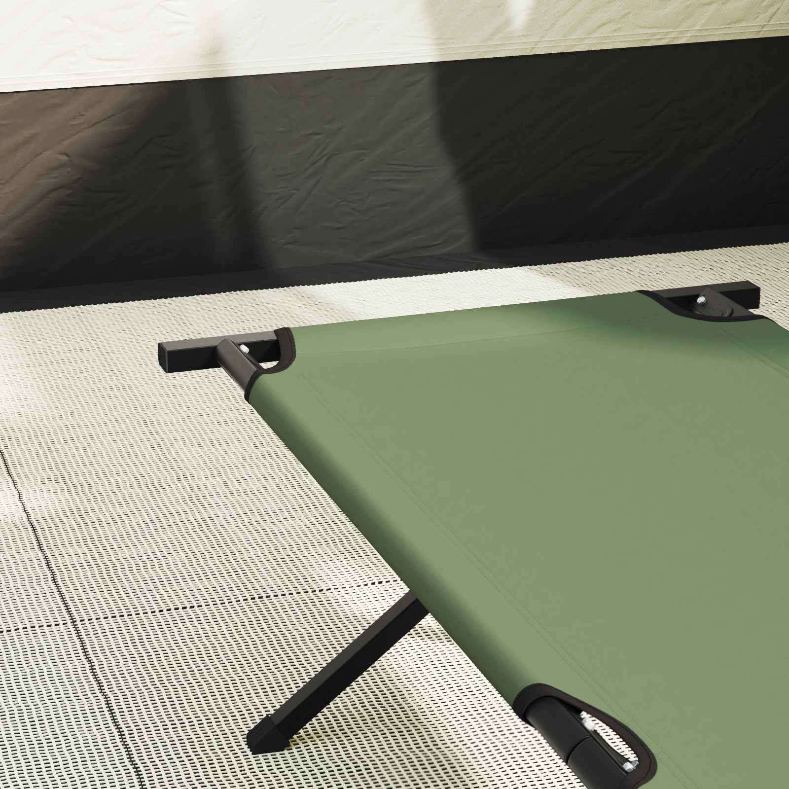 Detail van het groene vidaXL opvouwbare campingbed met stevig frame en Oxford stof.