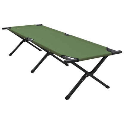 Detail van het vidaXL opvouwbare camping bed in groen, zijaanzicht met stevig stalen frame.