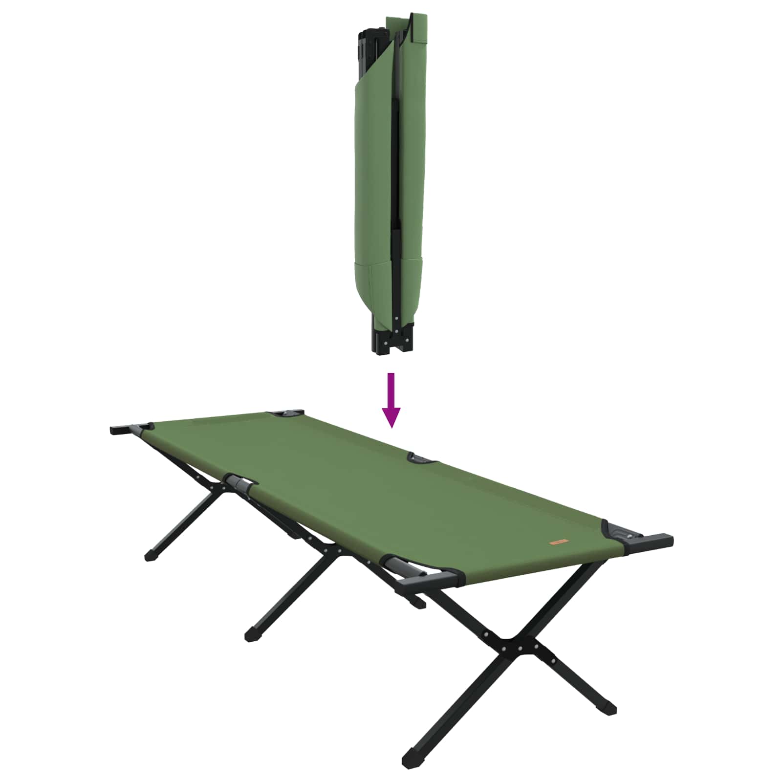 Detail van het vidaXL opvouwbare campingbed in groen, zijaanzicht met ingeklapt frame.