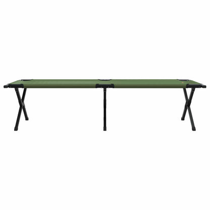 Zijaanzicht van het vidaXL opvouwbare campingbed in groen met stalen frame.