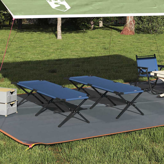 Opvouwbaar vidaXL campingbed in blauw, twee stuks naast elkaar op gras.