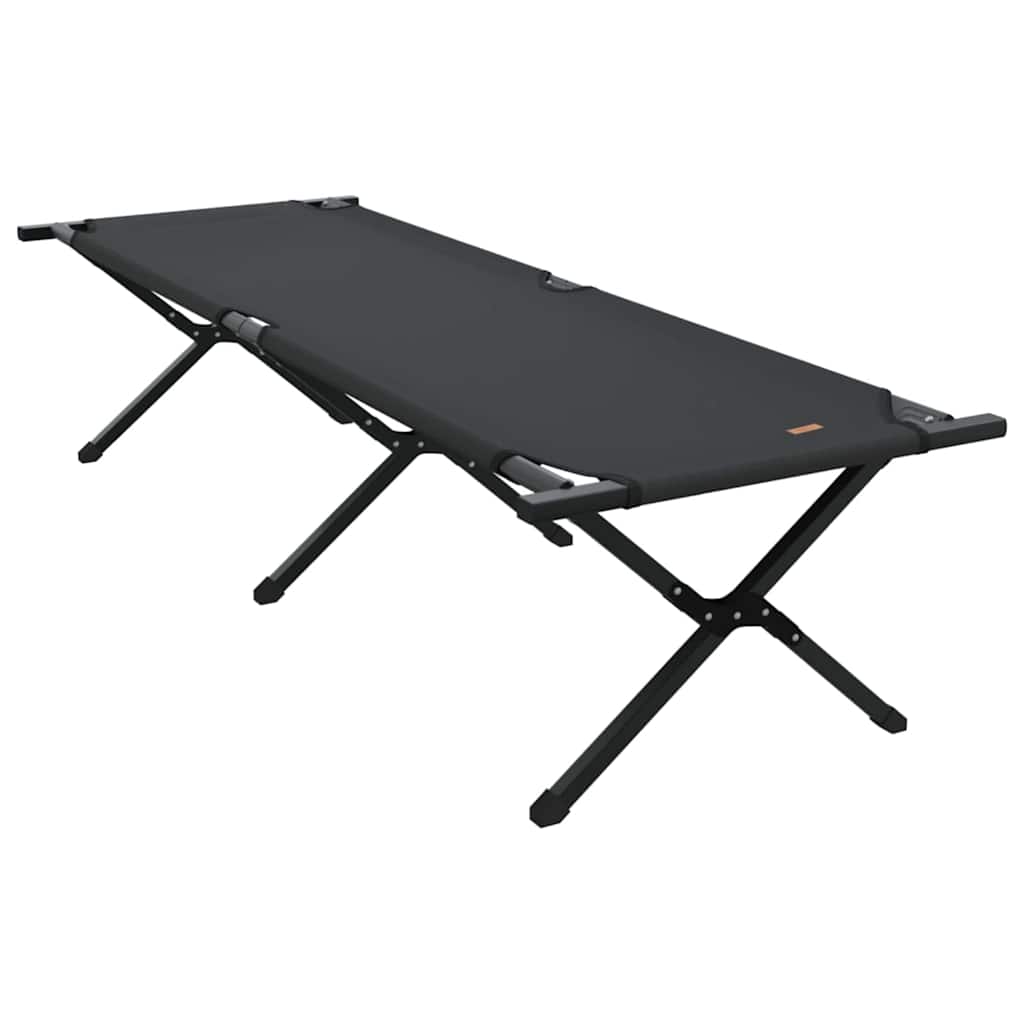 Zijaanzicht van het vidaXL opvouwbare campingbed in zwart, met stevig stalen frame.