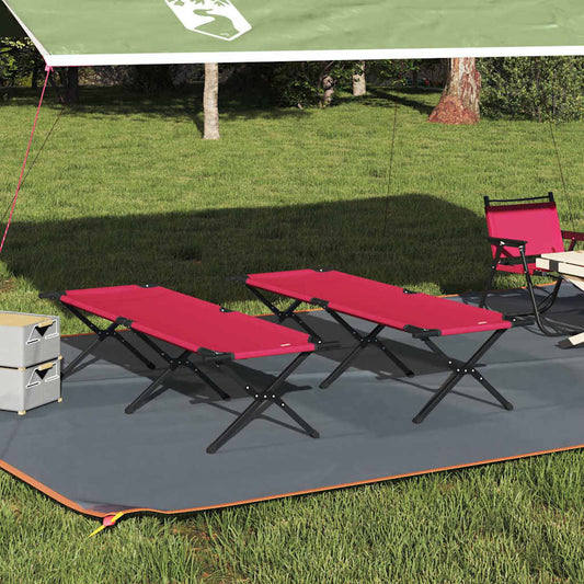 Opvouwbaar vidaXL campingbed in rood, geplaatst onder een tentdoek op gras.