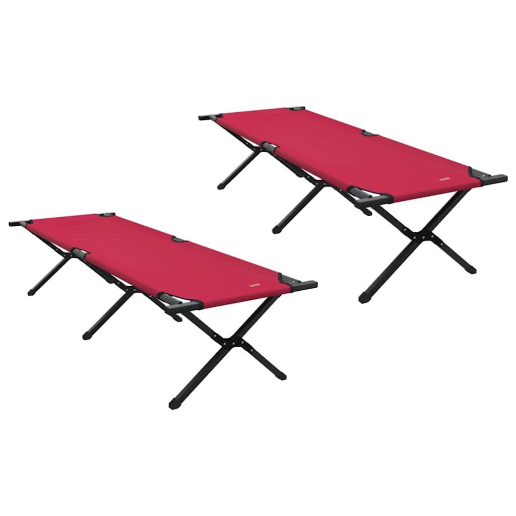 Detail van het opvouwbare vidaXL campingbed in rood, zijaanzicht met stalen frame.