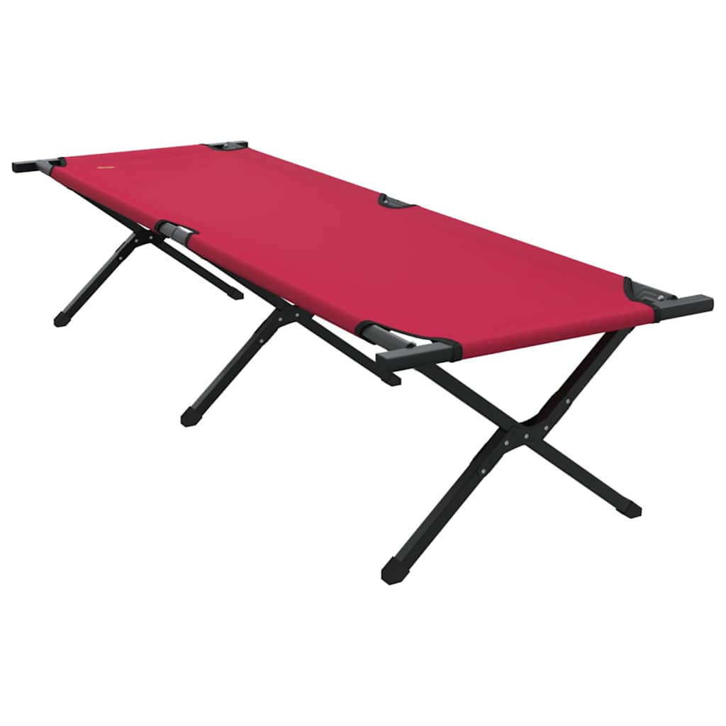 Zijaanzicht van het vidaXL opvouwbare campingbed in rood, met stalen frame en stevige Oxford stof.