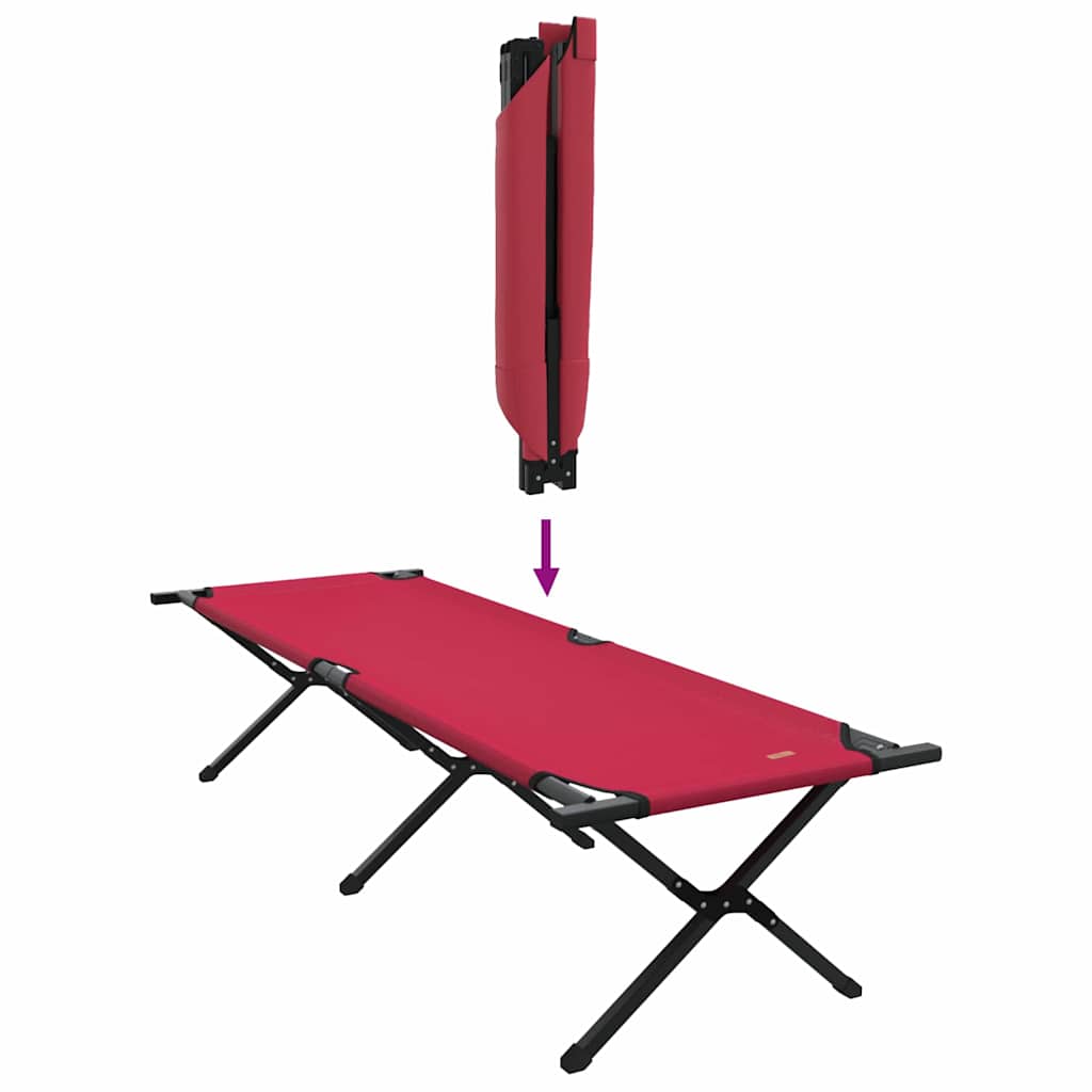 Detail van het opvouwbare vidaXL campingbed in rood, zijaanzicht met ingeklapt frame.