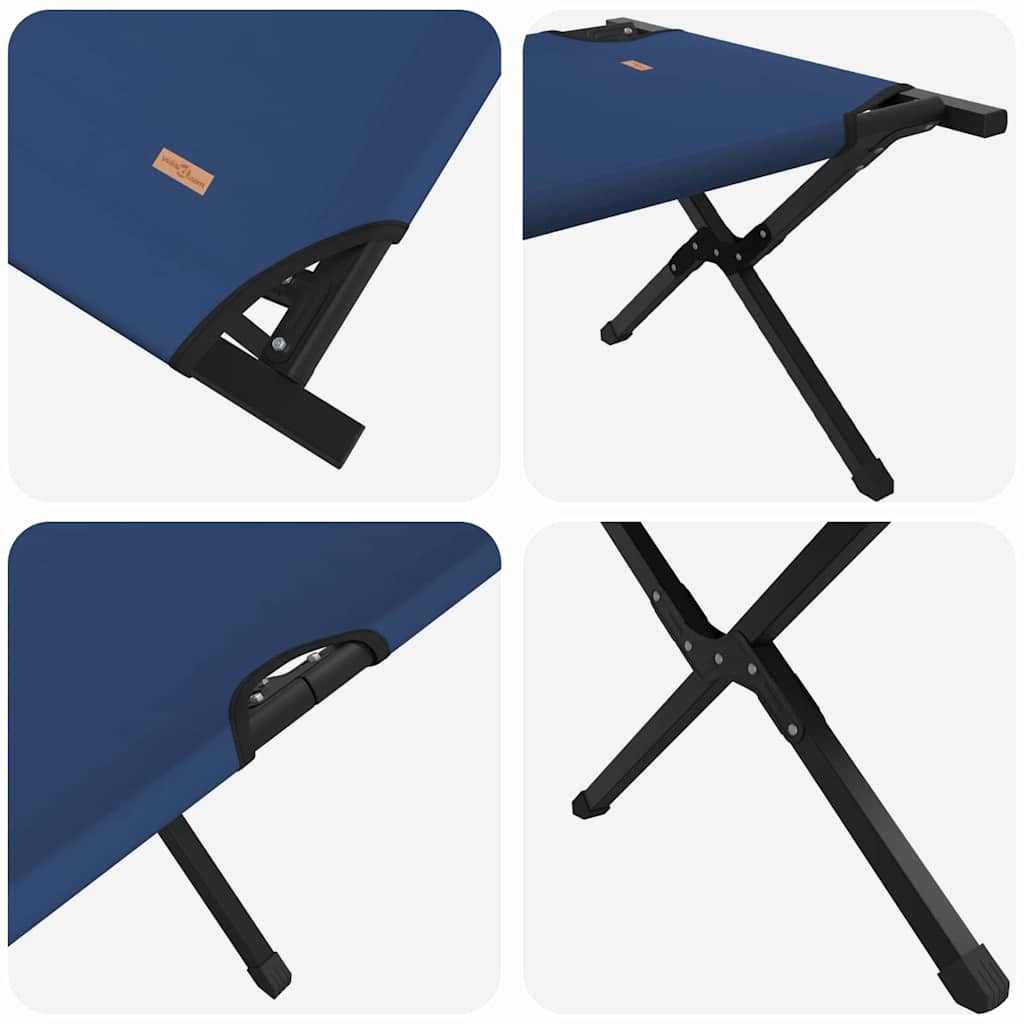 Detail van het opvouwbare camping bed vidaXL in blauw, met focus op het stalen frame en bevestigingsmechanisme.