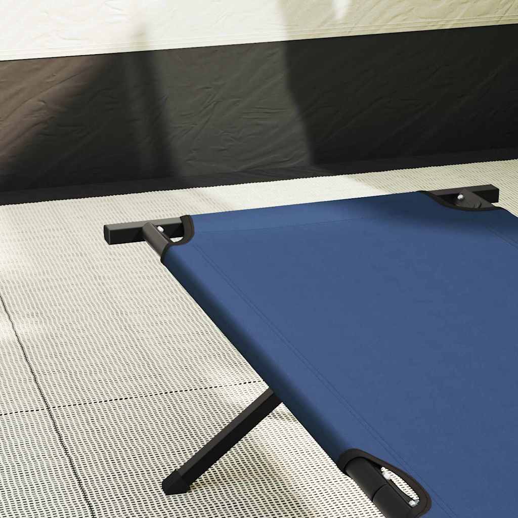 Detail van het opvouwbare vidaXL camping bed in blauw, zijaanzicht met focus op de stof en frame.