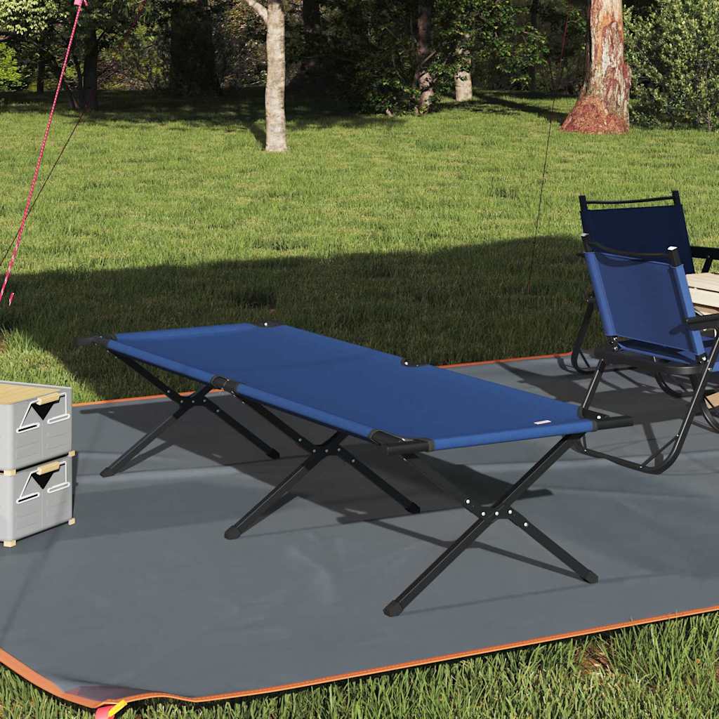 Opvouwbaar vidaXL camping bed in blauw, geplaatst op gras met een campingmat.