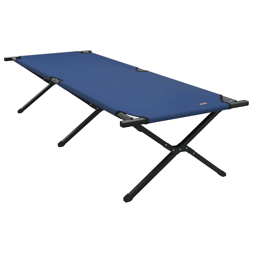 Detail van het vidaXL opvouwbare camping bed in blauw, zijaanzicht met stalen frame.
