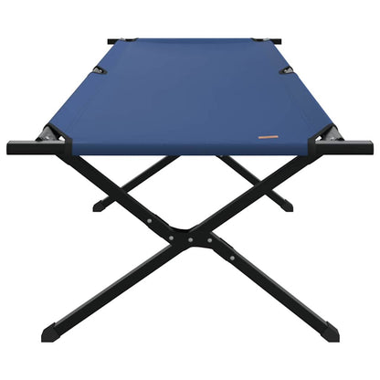 Detail van het vidaXL opvouwbare camping bed in blauw, zijaanzicht met stalen frame.