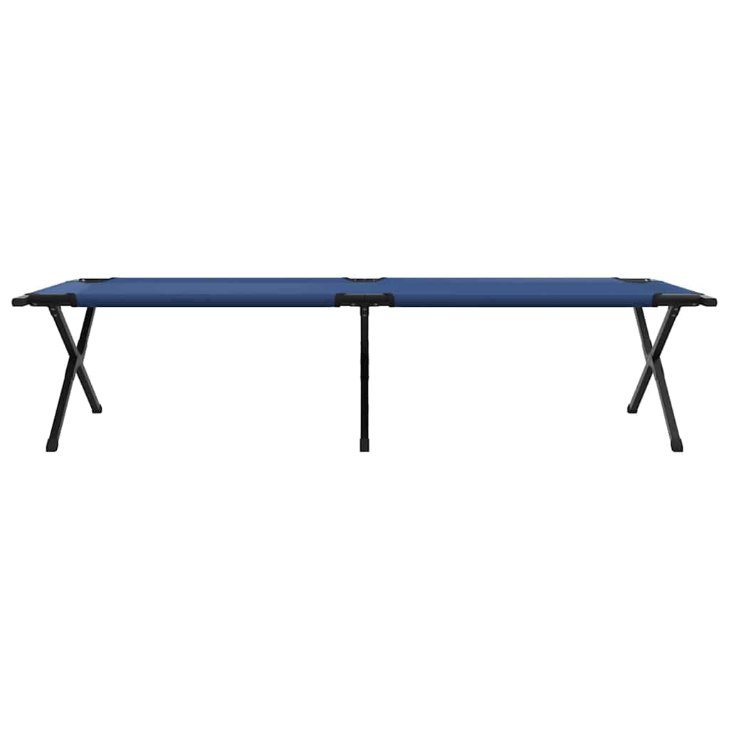 Zijaanzicht van het vidaXL opvouwbare camping bed in blauw met stevig stalen frame.