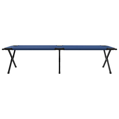 Zijaanzicht van het vidaXL opvouwbare camping bed in blauw met stevig stalen frame.