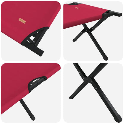 Detail van het vidaXL opvouwbare camping bed in rood, met stevige zwarte poten en bevestigingsmechanisme.