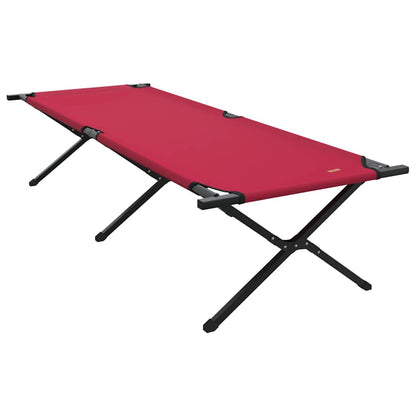 Zijaanzicht van het vidaXL opvouwbare camping bed in rood, met stevige zwarte stalen frame.