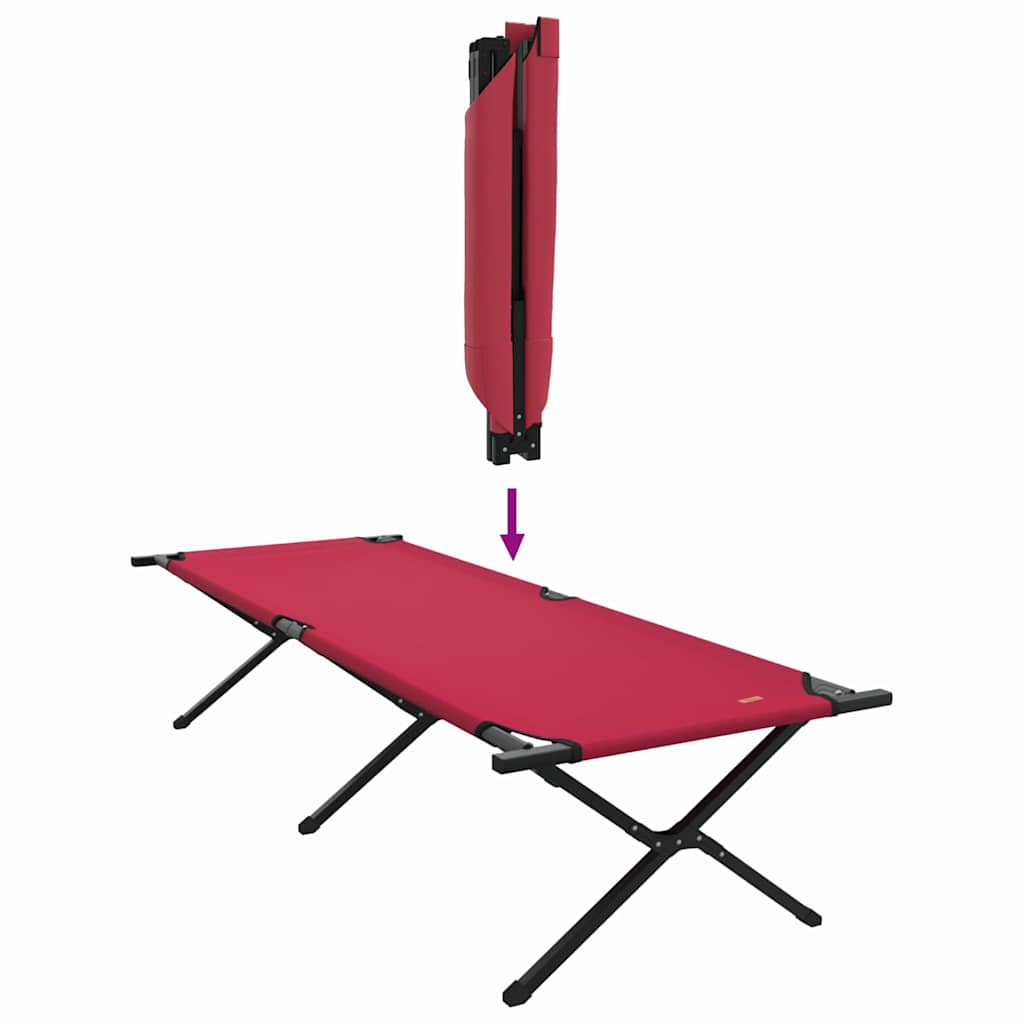 Detail van het vidaXL opvouwbare camping bed in rood, met opgevouwen positie voor eenvoudig transport.