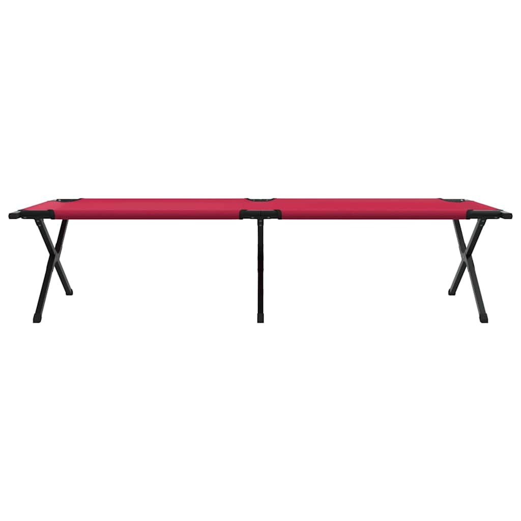 Zijaanzicht van het vidaXL opvouwbare camping bed in rood, met stevige zwarte poten.