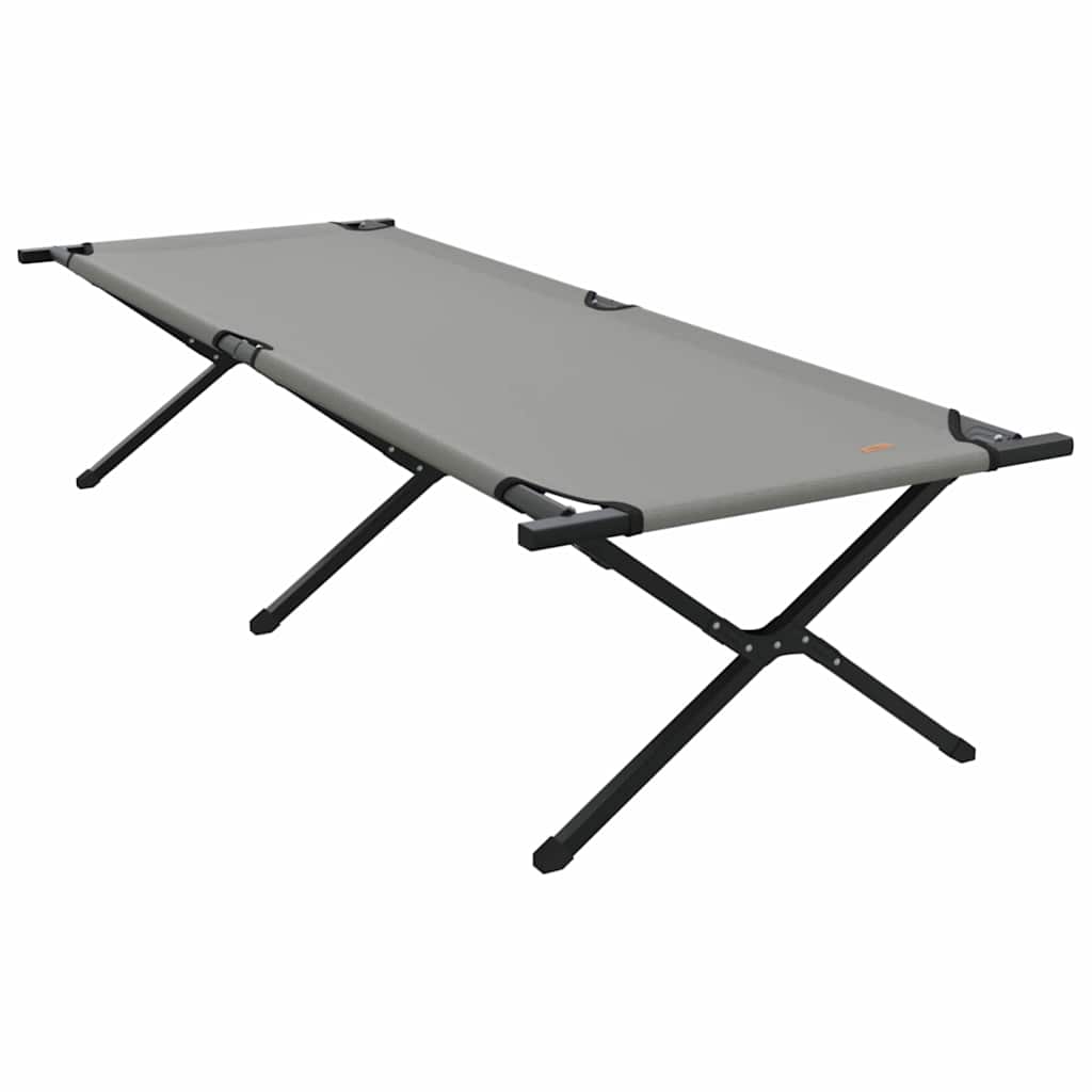Zijaanzicht van het vidaXL opvouwbare campingbed in grijs met een stevig stalen frame.