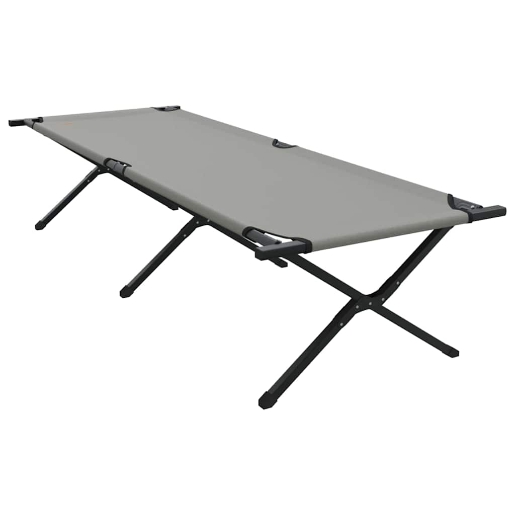 Zijaanzicht van het vidaXL opvouwbare campingbed in grijs, met stevig stalen frame.