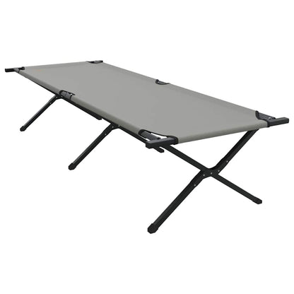 Zijaanzicht van het vidaXL opvouwbare campingbed in grijs, met stevig stalen frame.