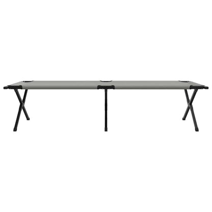 Zijaanzicht van het vidaXL opvouwbare campingbed in grijs met stevig stalen frame.