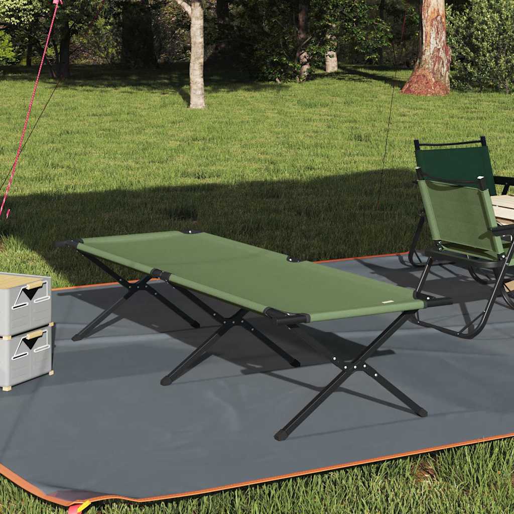 Opvouwbaar campingbed vidaXL in groen, geplaatst op een campingmat in de natuur.
